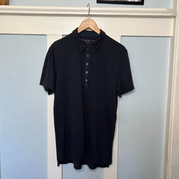 John Varvatos Blue & Black Stripe Polo Shirt With Wooden Buttons - Picture 1 of 5